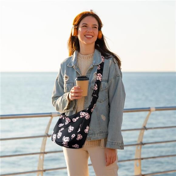 Mini Crescent Bag with Adjustable Strap, 2 Zippers Lightweight Nylon Bag - Black - Picture 2 of 6